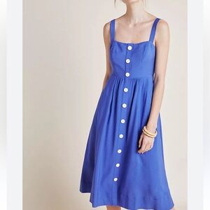 Anthropologie Maeve Rosemary Midi Dress US 8 Purple Button Front Smocked Pockets